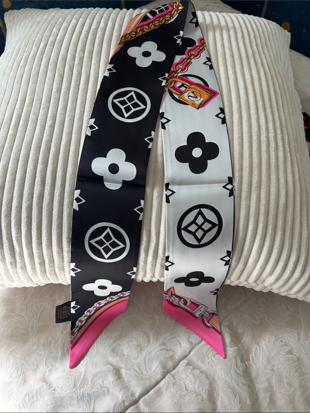 Black & White Floral Double Sided Silk Feeling Scarf or Twilly with Pink Accents
